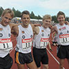 Falkens guldmedaljörer både på 4x800m och 4x400m. Tommy Granlund, Niclas Sandells, Christoffer Envall och Mikael Bergdahl. (© Rune Härtull)